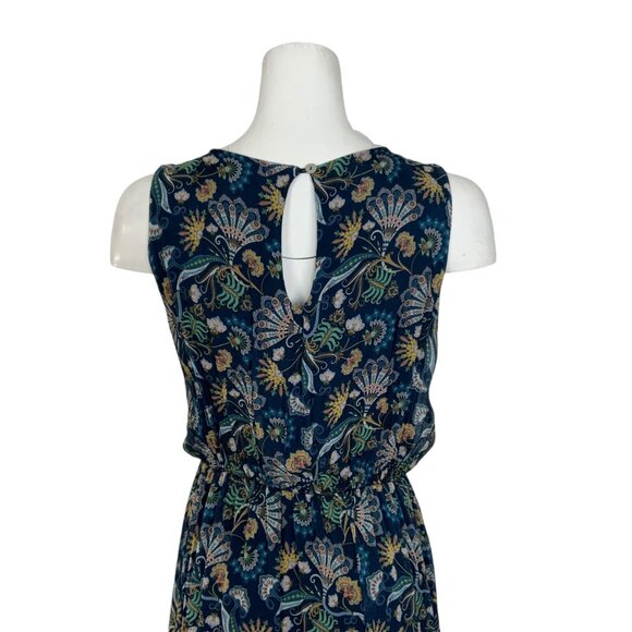 Lara Guidotti Dress L Navy Blue Floral Sleeveless Ruffle Midi Silk Blend Italy - Picture 7 of 12